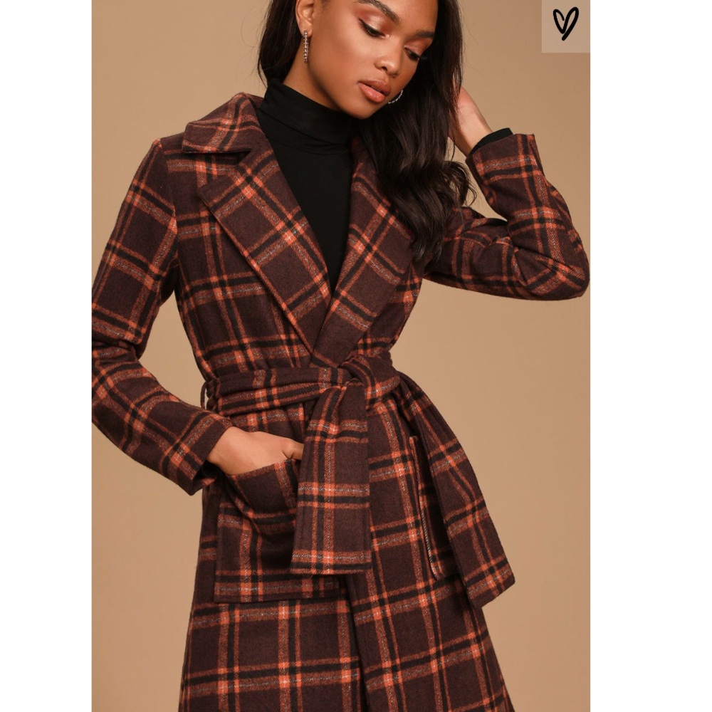 Lulus Sage Label Natasha Burgundy Plaid Tie Coat